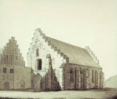 Det nyeste hæfte i Danmarks Kirker handler om Svendborg Amt og fortæller blandt andet om Gråbrødre Klosterkirke i Svendborg. Her er klosterkirken set udefra, tegnet af C. F. Thorin i 1828.