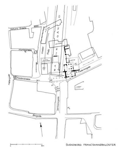 Oversigtskort, der viser, hvor resterne af Gråbrødre Klosterkirke og kloster ligger i forhold til Svendborg i dag. Tegnet af Jens Bech i 1976 og ajourført frem til 2007 af Mogens Vedsø i 2013 i forbindelse med det nye hæfte af Danmarks Kirker.