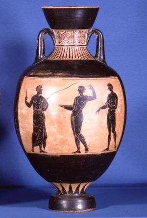 Vase (amfora) med billede af en dommer, en diskoskaster og en længdespringer. Klik på billedet for at se det i en større udgave.