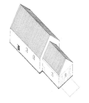En tegning af den ældste kirke i Jelling - skala 1:100. 