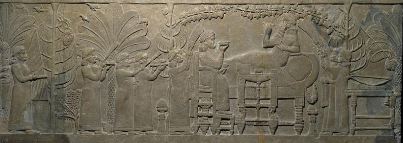 ”The Garden Party” assyrisk relief fra kong Assurbanipals palads i Nineveh, c. 645 f.Kr. (British Museum)