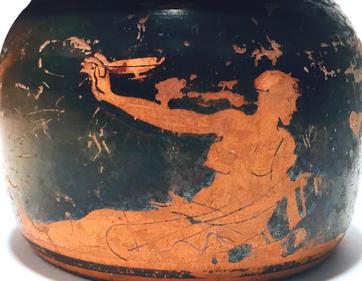 Kottabos-spiller afbildet på en lille kop lavet i Athen, ca. 475-450 f.Kr. (Antiksamlingen, Nationalmuseet) 