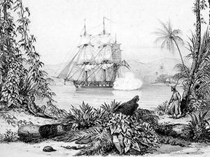 Korvetten "Galathea" ved Nikobarerne. Tegning af J.C. Thornam, 1846. Fra Steen Bille: Beretning om Corvetten Galathea´s Reise omkring Jorden i 1845, 46 og 47. 1849. Nationalmuseet