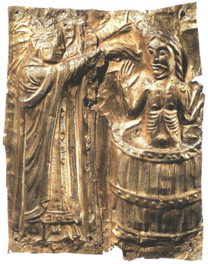 Harald Blåtands dåb afbildet på en plade af forgyldt kobber fra Tamdrup kirke