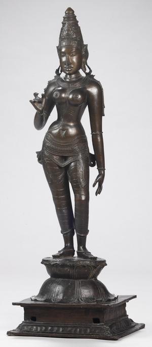 Bronzeskulptur fra Chola-dynastiet af hinduguden Tanin Amman (Parvati), formodentligt 1100-tallet. Foto: John Lee, 2005. Nationalmuseet (Inv.nr. Da.163)