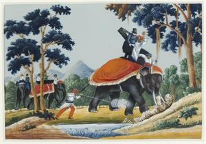 Elefantjagt, gouache på marieglas, formentlig fra tidligt i 1800-tallet. Foto: Arnold Mikkelsen & John Lee, 2006. Nationalmuseet (Inv.nr. Du.452)