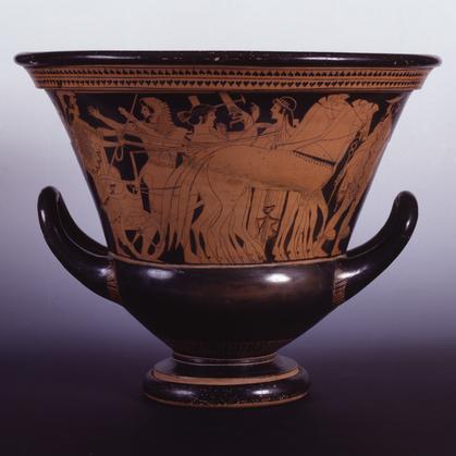 Guderne følger Herakles til Olympen, hvor han skal optages blandt de olympiske guder. Fra venstre går Athena, som hjalp og beskyttede Herakles. Så kommer Herakles selv med løveskindet, som han næsten altid bar, Apollon med lyre, Artemis og Hermes.