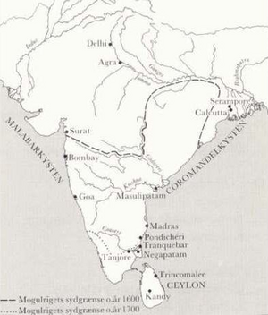 Kort over det indiske subkontinent med angivelse af historiske handelspladser, herunder Tranquebar. Fra E. Fihl: Tropekolonien Tranquebar. Gads Forlag 1988 s. 6.