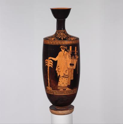 Apollon med en lyre ved et palmetræ. Myten fortæller at Apollon blev født under et palmetræ på øen Delos. Athen, ca. 460-450 f.Kr. Metropolitan Museum of Art.