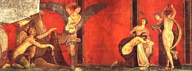 Vægmaleri fra Mysterie-villaen i Pompeji. Scenen afbilleder øjeblikket inden den store fallos afsløres under klædet.