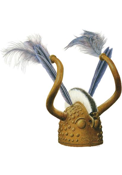 Tegningen viser hjelmen prydet med manen fra en fjordhest og med hale- og svingfjer fra en trane.