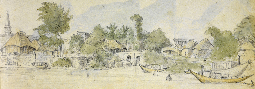 Serampore ca. 1812 malet af englænderen William Eden. Tæt ved floden ses indiske hytter og både. I baggrunden anes Skt. Olavs kirketårn. © British Library Studie af Serampores befolkning