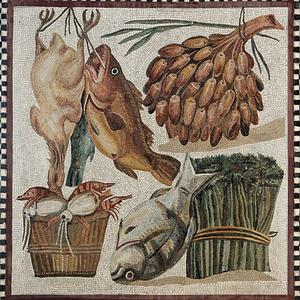 Mosaik med forskellige typer af madvarer. 100-tallet e.Kr.