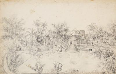 I den nærliggende landsby, Poreyar, lå guvernørens landsted, ca. to kilometer fra Tranquebar. Skitsen af havehuset er tegnet af Adele Mourier, 1830'erne. Nationalmuseet