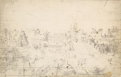 Skitse af paradepladsen foran Dansborg i Tranquebar af Adele Mourier, 1830'erne. Nationalmuseet