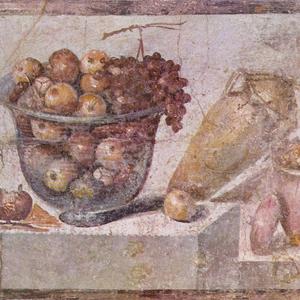 Vægmaleri fra Pompeji med æbler, vindruer og granatæbler.