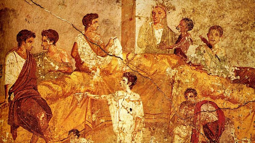 Vægmaleri fra Pompeji, som viser en romersk banket.