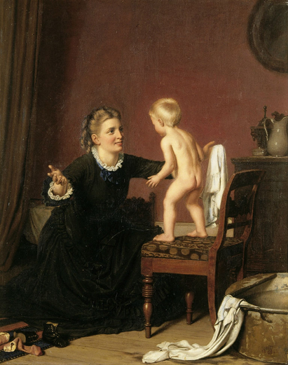 "Den lille dreng skal i bad". Maleri af Wenzel Tornøe, 1875