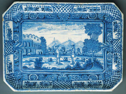 Blådekoreret bakkebordsblad, fajance, 1727-49