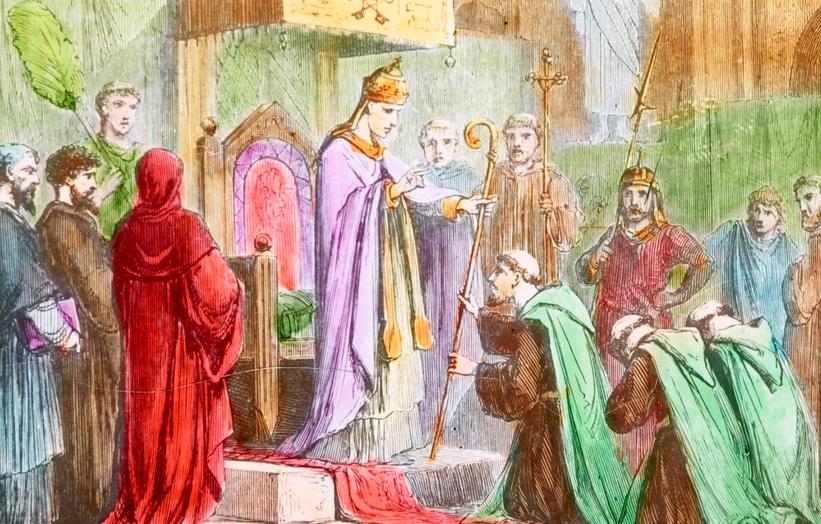 Tegning, som viser Sankt Patrick knælende foran Paven, der sender ham på mission til Irland.