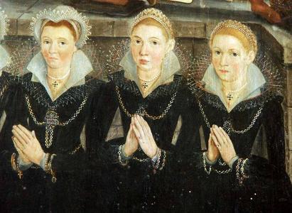 Denne del af et familiemaleri, en såkaldt epitafie, viser forskellen på gifte og ugifte adelskvinders hovedbeklædning.