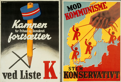 Valgplakater for Kommunisterne og Det Konservative Folkeparti.