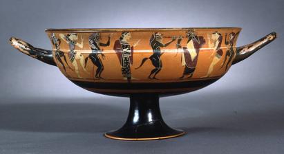 Drikkeskål med opstemte satyrer og mænader omkring Dionysos. 550-530 f.Kr.