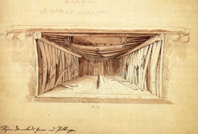 Gravkammeret i Nordhøjen var stort set tomt, da det blev fundet i 1820. Udkast, tegnet i 1821 af H.G.F. Holm, til en planche, der blev trykt i Antiquariske Annaler IV. 