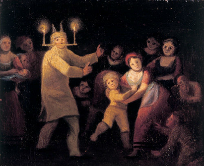 En mand klædt som julebuk er braset ind i en julestue, hvor han skræmmer børnene og kræver godter: flæsk, kager eller æbler. Maleri, o. 1825.
