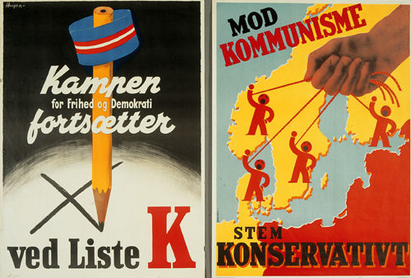 Valgplakater fra Kommunisterne og Det Konservative Folkeparti.