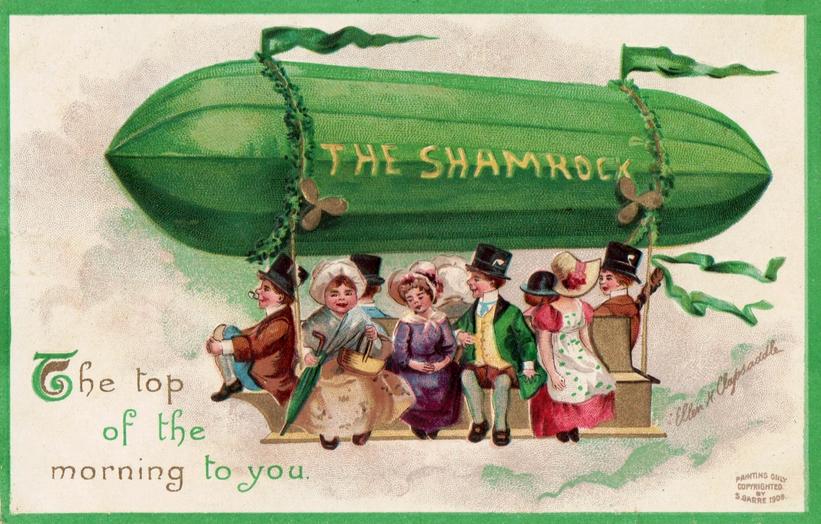 Postkort billede af irsk selskab i en grøn zeppeliner