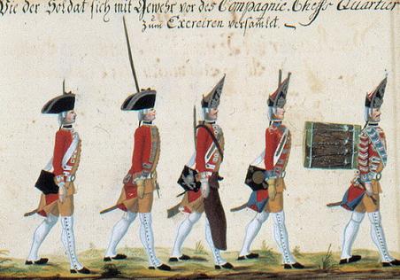 Tegning af soldater fra 1700-tallet med røde uniformsfrakker