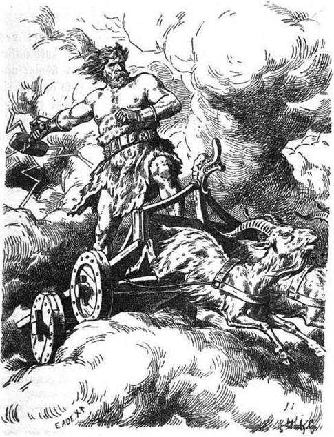 Thor kører over himlen i sin vogn trukket af gedebukkene Tandgnost og Tandgrisner og frembringer lyn og torden med sin hammer Mjølner. 