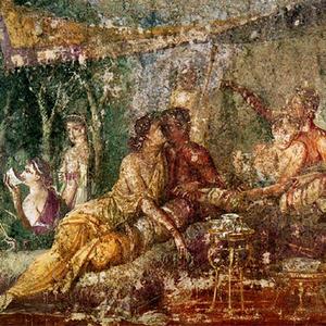 Vægmaleri fra Pompeji som viser en banket i et romersk triclinium.