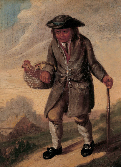 Valbybonde på vej til torvet i København med høns i en kurv. Valbybønderne havde specialiseret sig i fjerkræ og æg. Maleri af Peter Cramer, slutningen af 1700